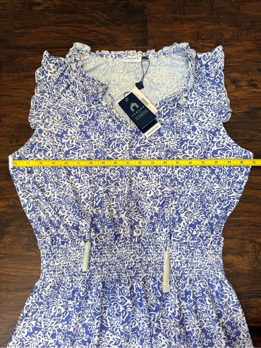 Cabana Life Lake Como Smocked Waist Sleeveless Blue Floral UPF 50 Dress Sz L NWT - Picture 12 of 15